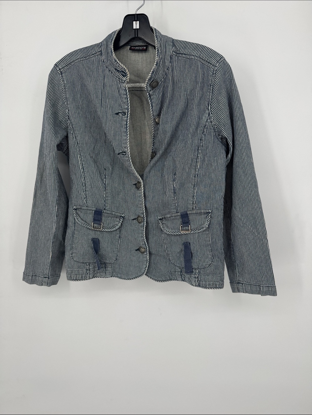 Chico's Denim Blue and White Striped Button Jacket Chicos size O (Small or 4)